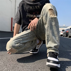 夏季腰果花破洞牛仔裤男高街vibe复古宽松牛仔裤1001-1-X838-P48，男装牛仔裤，星座1001-1