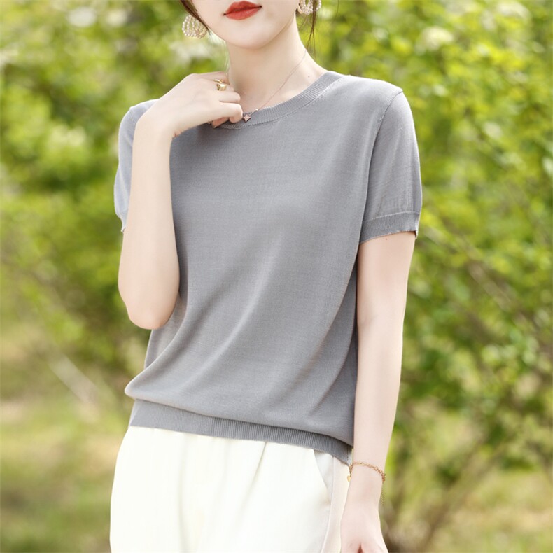 简约风纯色短袖女t恤2025新款宽松显瘦百搭加大针织半袖大码女装,女装T恤,鑫源羊绒