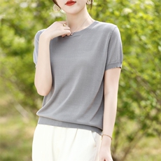 简约风纯色短袖女t恤2025新款宽松显瘦百搭加大针织半袖大码女装，女装T恤，鑫源羊绒