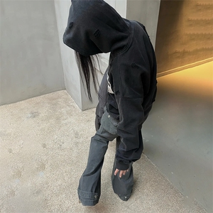 美式复古重磅水洗做旧贴布连帽卫衣男女秋冬宽松cleanfit高街外套图片
