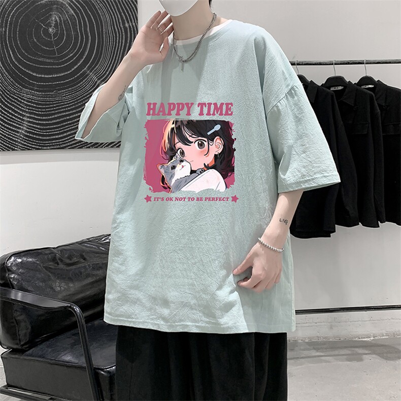 YT26353-P30亚麻短袖t恤男大码五分袖男宽松七分袖大皂风模特,男装T恤,电商A040