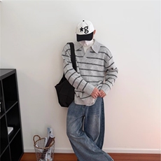 高端款男士秋冬季套头毛衣针织衫polo翻领毛衣复古条纹上衣，男装针织衫/毛衣，星座1210-1