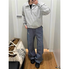 美式宽松阔腿条纹牛仔裤春秋新款高腰直筒弯刀裤子N183-P58，男装牛仔裤，星座208-5