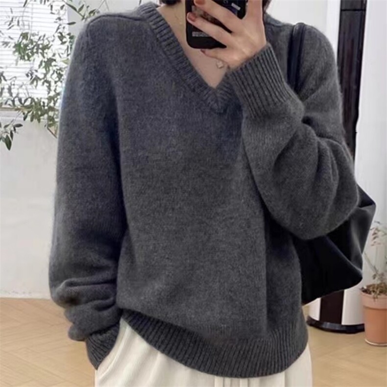 V领慵懒风宽松显瘦针织衫2024早秋新款女装韩版，女装羊毛衫，旭驰羊绒