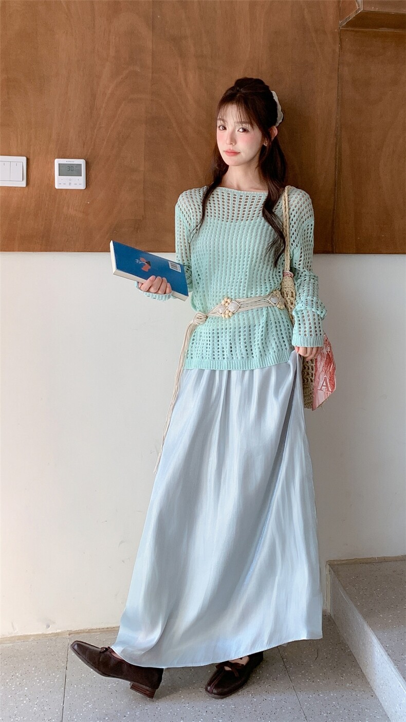 慵懒风绿色镂空防晒针织罩衫套装女2025夏季新款上衣半身裙两件套,女装套装/套裙,2C201