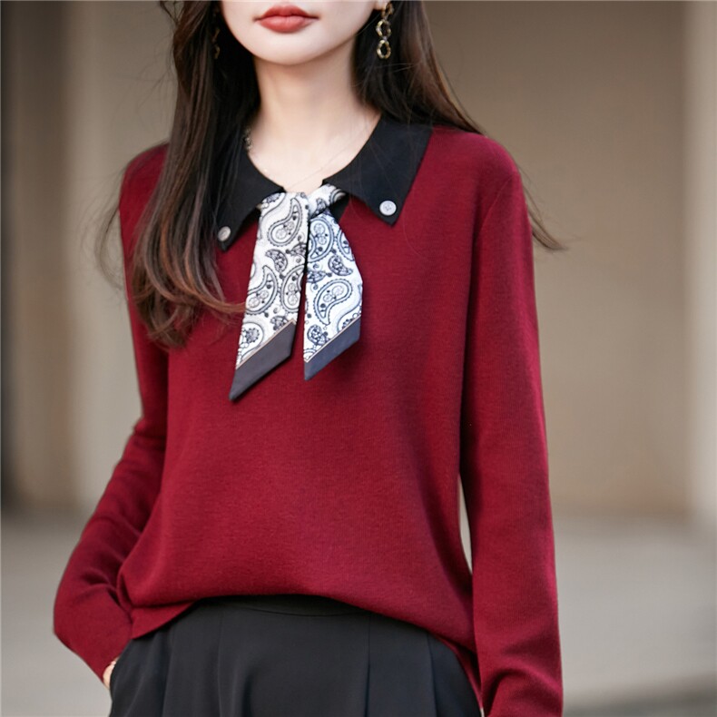 2025年秋季新款方领丝巾针织上衣时尚休闲通勤百搭,针织衫/毛衣,圣丽羊绒