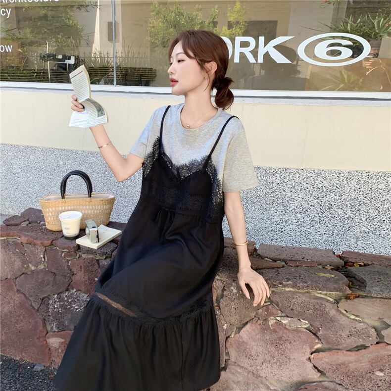 蕾丝拼接假两件连衣裙女2025夏季新款法式轻熟风独特气质鱼尾长裙,女装连衣裙,2C375