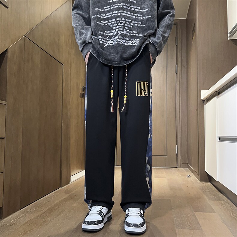 秋新侧边小熊刺绣拼接裤子男大码菠萝格束脚卫裤K870*P30控58,男装休闲裤,星座227-2