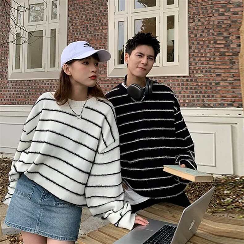 美式复古黑白条纹毛衣男宽松慵懒风秋季海马毛圆领针织衫SWX21,男装针织衫/毛衣,星座516A