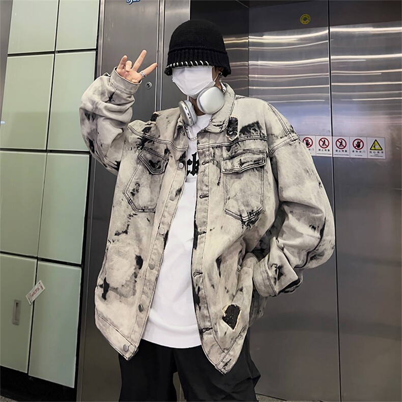 美式牛仔外套男春扎染破坏牛仔衣设计感高街夹克潮NT521P75图片