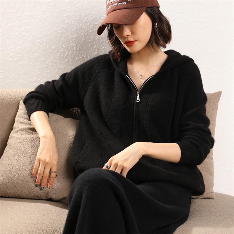 连帽羊绒开衫女2024秋冬新款山羊绒宽松毛衣针织,女装羊绒衫,五色羊羊绒