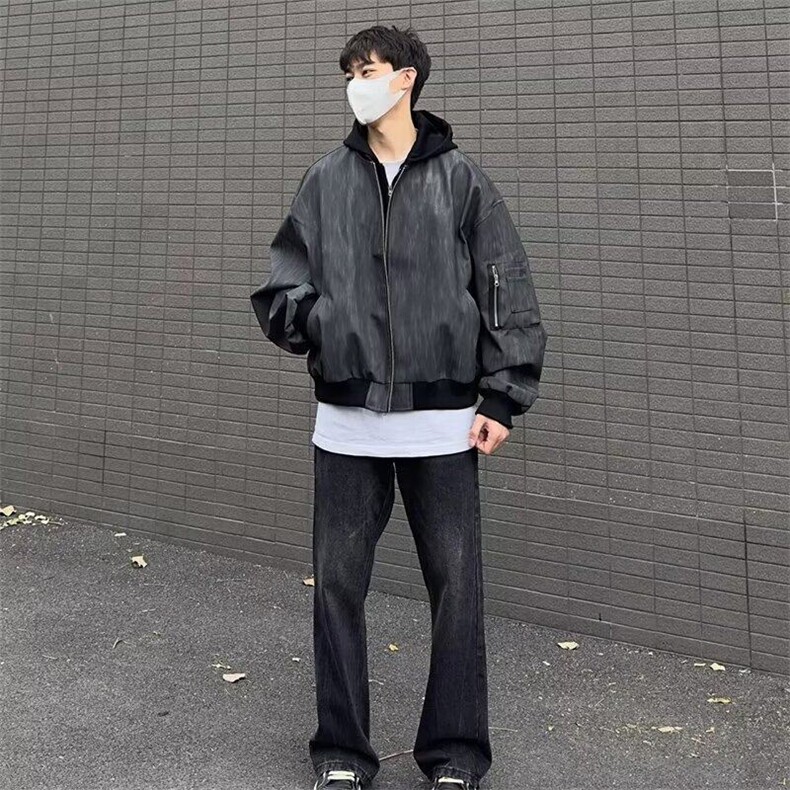 高级感拉链连帽假两件夹克男街头痞帅宽松百搭外套皮衣JK9288-P87,男装夹克,星座1008