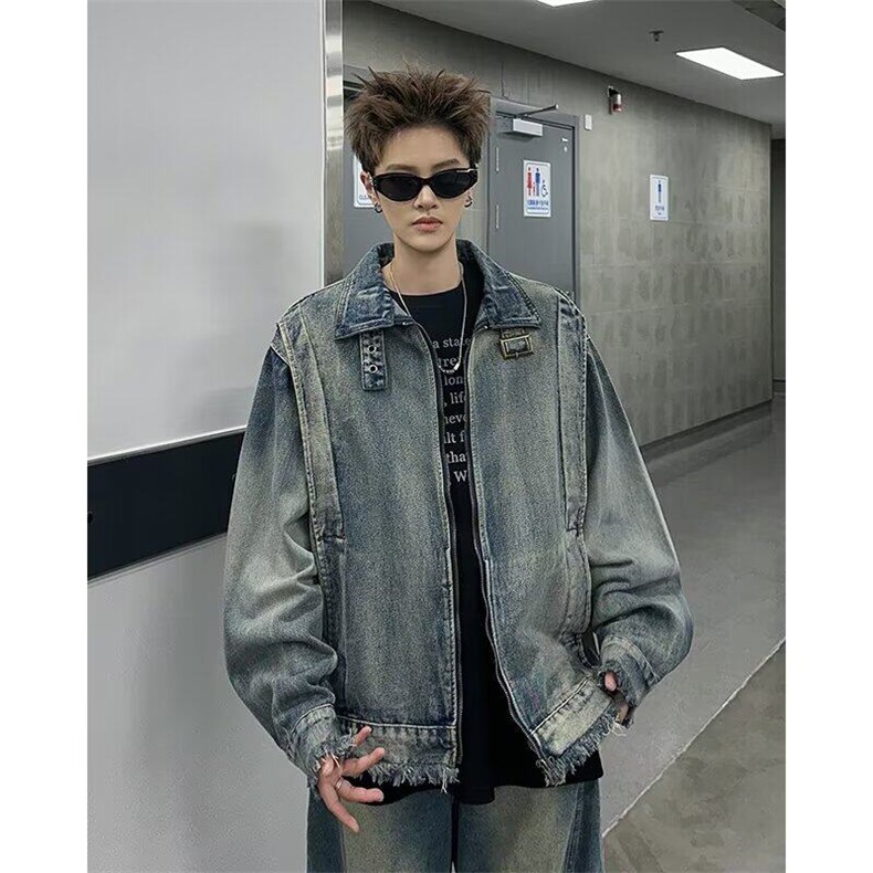 扎染立领牛仔外套男春秋款美式复古宽松休闲小众解构工装B27/P90,男装夹克,星座506