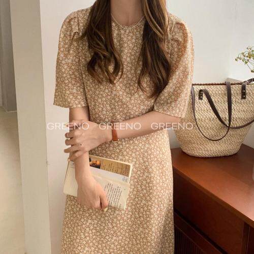 收腰碎花连衣裙，女装连衣裙，GREENO