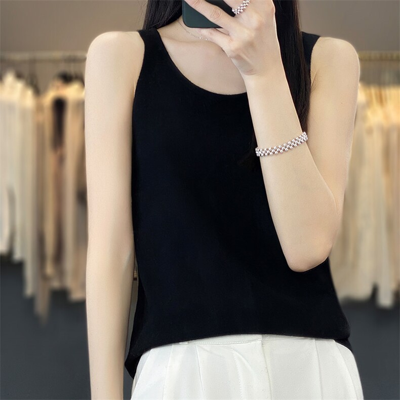 夏季新款精纺羊毛圆领针织背心女纯色简约时尚百搭无袖打底衫，女装背心吊带，越洋羊