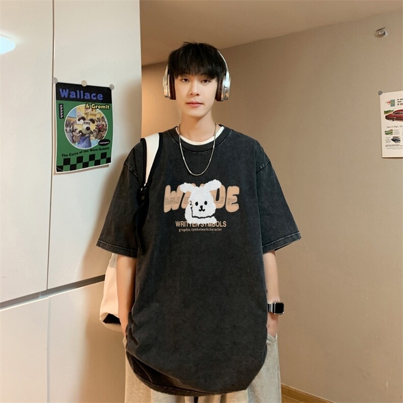 TF6406P38水洗做旧短袖T恤复古T港风潮T欧美风高货T恤宽松黑色，男装T恤，星座510A-3