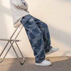 牛仔裤男韩版潮流高街格子2026春夏新款ins宽松长裤K2843-P41，男装牛仔裤，星座412
