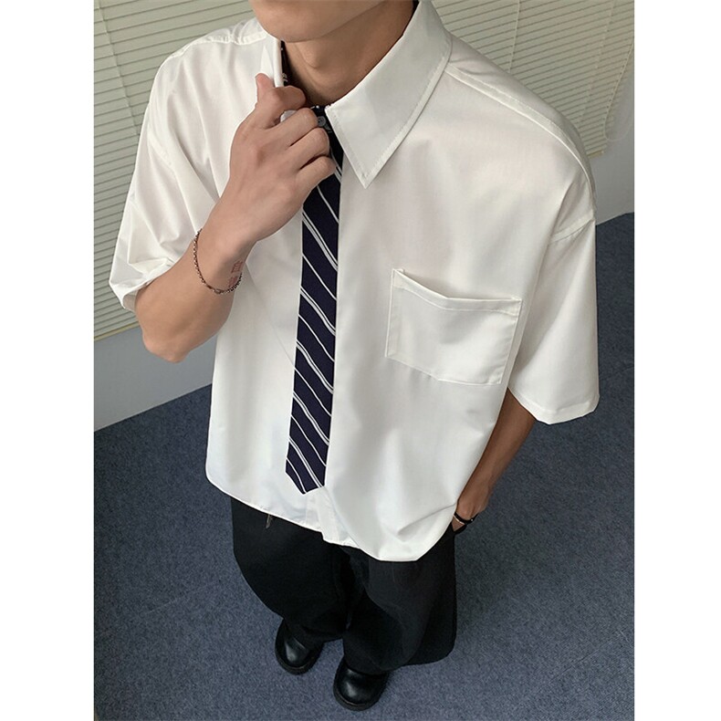 领带拼接格子纯色基础款黑白色男生学院风短袖衬衫夏季CS2537特40,男装T恤,电商B289
