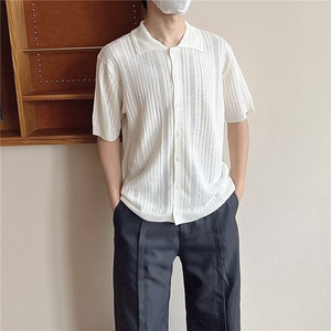 美式复古镂空方领短袖针织衫夏季时髦宽松慵懒蕾丝半袖高级男衬衣