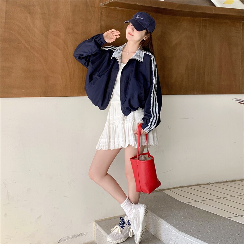 藏青色韩版甜酷风夹克外套女2025春秋季新款学院风显瘦棒球服上衣,女装短外套,2C323