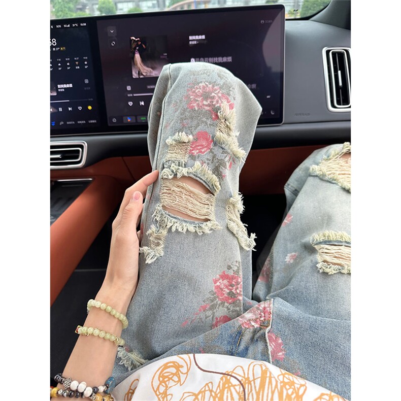 美式高街微喇牛仔裤男款夏季薄款设计感小众直筒乞丐花卉破洞裤子图片