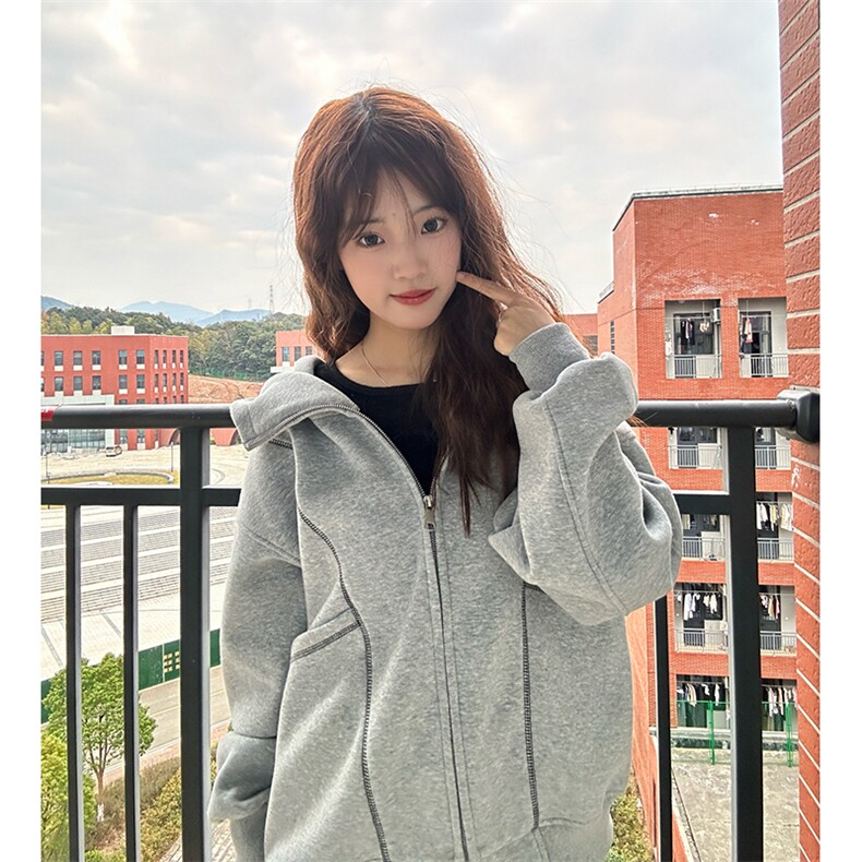 抖音得物高品质秋冬美式高街重磅结构辑明线纹理连帽卫衣外套W111,女装短外套,电商A486-1