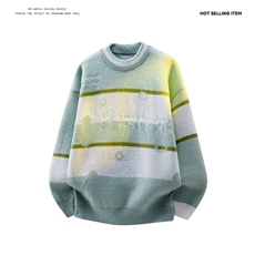M8161/P65冬季美式时尚撞色条纹圆领?袖毛衣宽松休闲男女bf，男装针织衫/毛衣，电商A141
