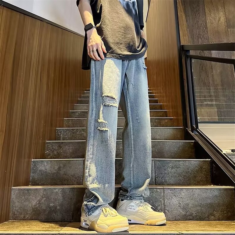 美式复古牛仔裤男女拉链破洞直筒裤青年痞帅炸街裤N6053-P40,男装牛仔裤,星座1109-3