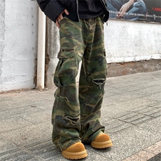 AXHUI美式高街迷彩多口袋破坏设计直筒微喇牛仔裤男女百搭长裤潮，男装牛仔裤，星座506A