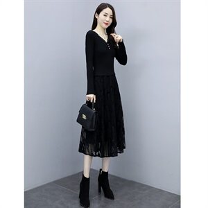 2023秋季新款V领针织3颗扣线衣配蕾丝长款打底连衣裙,女装连衣裙,安之芮娜, 2023秋季新款V领针织3颗扣线衣配蕾丝长款打底连衣裙,女装连衣裙,安之芮娜,