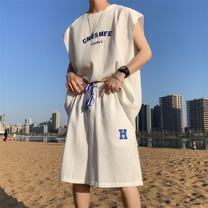 套装简约字母刺绣背心t恤套装男潮宽松休闲运动一套搭配W4775-P45图片