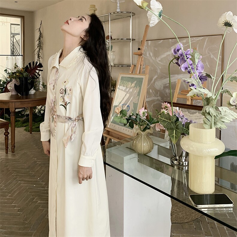 【现货发!】早春设计感刺绣印花翻领衬衫长裙收腰显瘦气质连衣裙,女装连衣裙,2C238