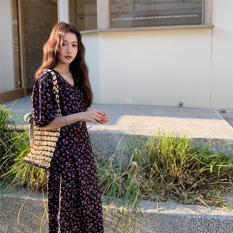 法式黑色碎花连衣裙茶歇女夏季2025新款收腰显瘦气质长裙,女装连衣裙,2C229