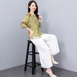 中年妈妈天丝麻套装女夏2024新款新中式印花盘扣小衫阔腿裤两件套图片