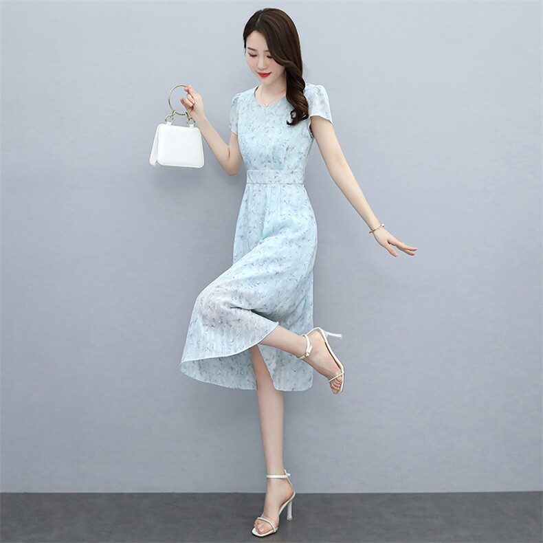2023夏季新款简约气质优雅时尚腰部系带收腰显瘦雪纺连衣裙,女装连衣裙,牡丹诺