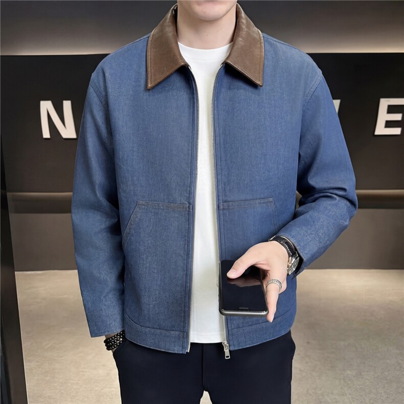 春款轻熟抖音小伙牛仔拼皮纯色休闲夹克店主风A236-JK661-P130,男装夹克,电商A236