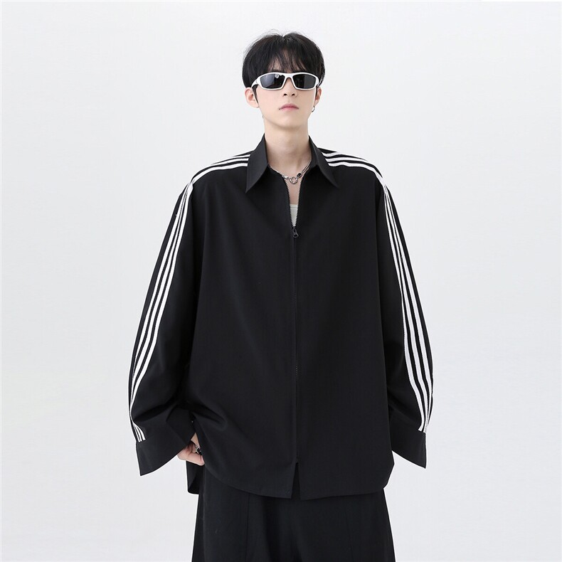 现货美式条纹衬衫男款春季撞色三条杠长袖衬衫学院风休闲外套,男装衬衫,电商C307