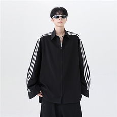 现货美式条纹衬衫男款春季撞色三条杠长袖衬衫学院风休闲外套，男装衬衫，电商C307