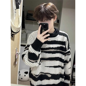 黑白条纹海马毛毛衣美式复古慵懒风针织衫潮牌外套 MY07 特P46图片