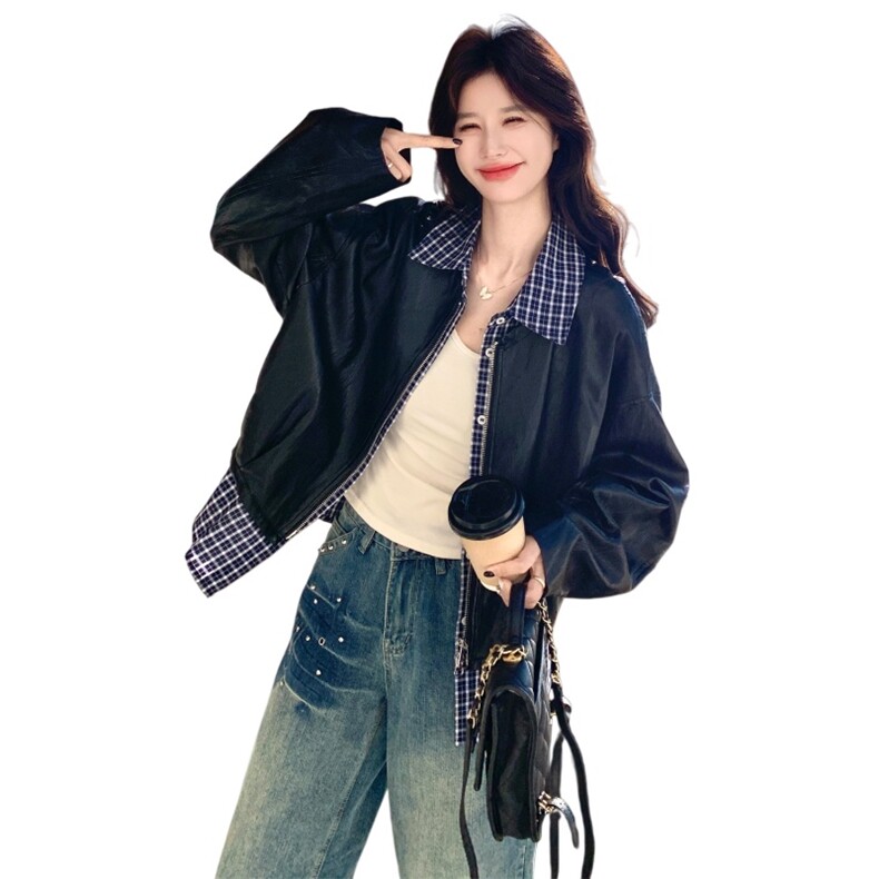 设计感假两件格纹拼接皮衣短外套女2026春季新款宽松休闲显瘦夹克,女装皮衣,艾米莉亚