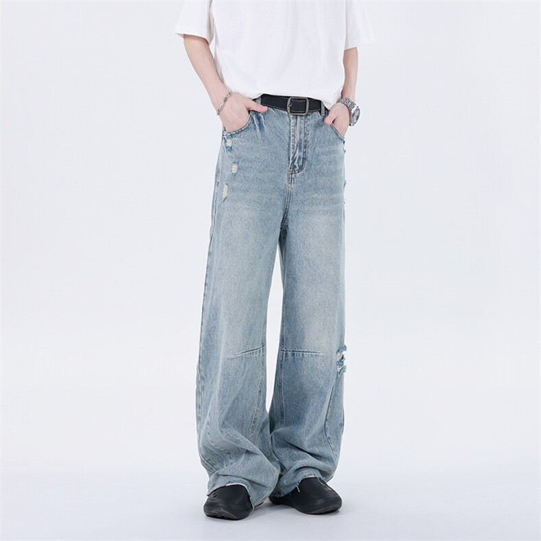美式高街破洞水洗做旧弯刀牛仔裤男女设计感宽松裤子潮N362-P52,男装牛仔裤,星座308B-1