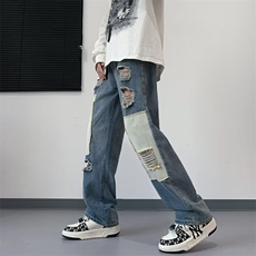 西海岸美式vibe裤子高街拼接破洞牛仔裤男款夏季乞丐裤K6039-P55，男装牛仔裤，星座1109-3