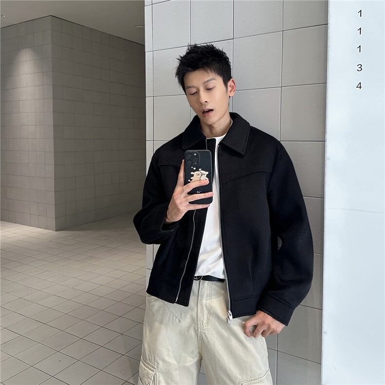 双拉链毛呢夹克外套秋冬短款呢子大衣宽松妮子风A236-JK606-P145,男装毛呢大衣,电商A236