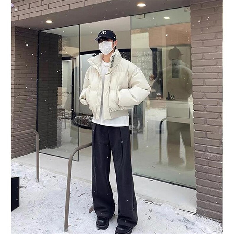 现货冬季三防重磅硬挺boxy短款羽绒刺绣立领PU皮棉衣外套加厚棉服图片