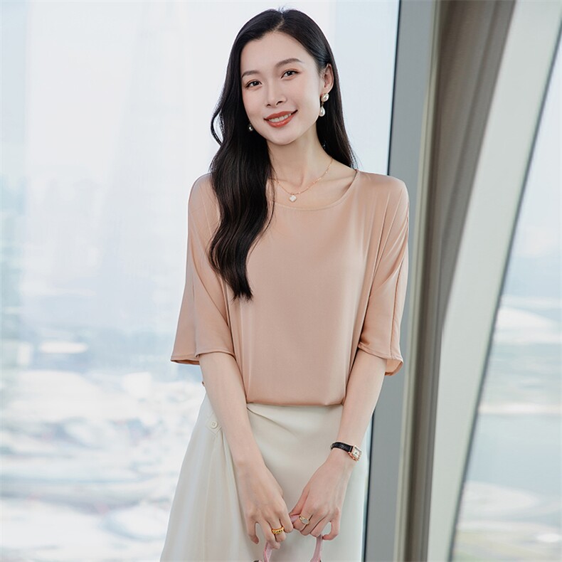 重磅圆领酒红真丝衬衫女五分袖2026春新款妈妈宽松大码真丝上衣,女装衬衫,阿舍尔精品