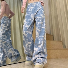 美式复古迷彩工装裤女春秋新款甜酷风宽松直筒垂感牛仔裤子潮，男装牛仔裤，星座1210-1