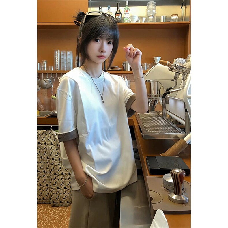 网图有货夏季千鸟格袖口撞色美式复古短袖宽松T恤男女A650-P35，男装T恤，星座1505