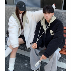 EQ334假两件撞色连帽贴补绣花羊羔毛外套男冬季加厚棉衣情侣装，男装棉衣，电商C306-1