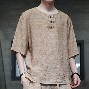 2025夏季新款男装禅服风冰丝印花盘扣唐装短袖T恤 C117-P50图片