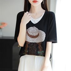 2025夏季新款V领天丝假两件针织短袖女宽松显瘦百搭T恤上衣打底衫，女装T恤，源达羊绒